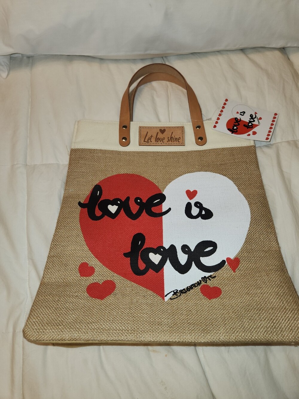 Brighton Red and White 'Love Is Love' Heart Tote with Tan Handles